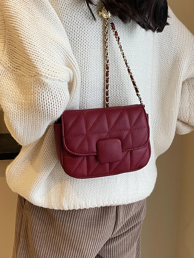 Elegant Wine Red Shoulder Bag for Women 2024 Autumn&Winter New Versatile Chain Crossbody Bags Fashion Simple Flap Small Purse