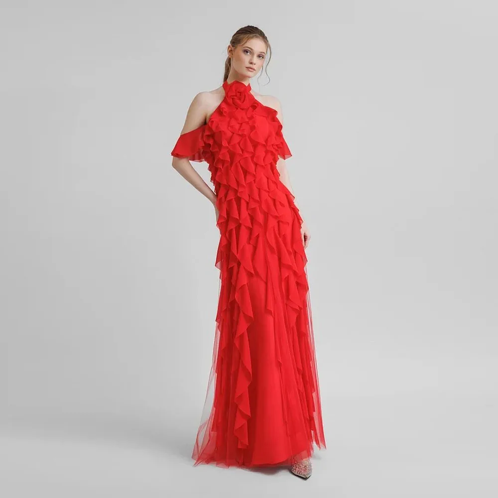 Modest Red Ruffles Trimmed Long Maxi Gowns Halter Short Cap Sleeves Floral A-line Women Formal Party Dresses