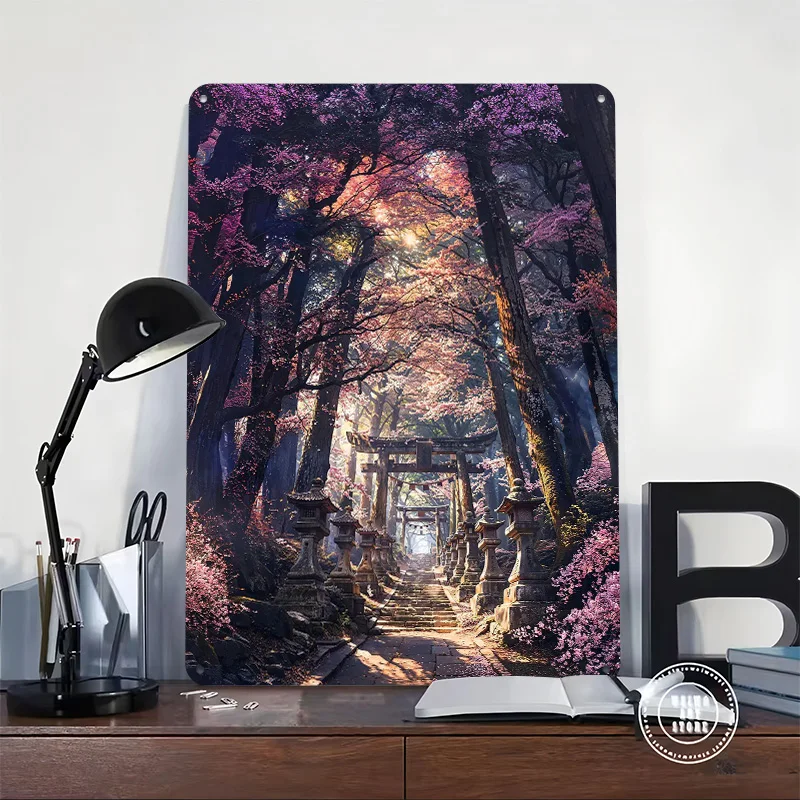 Sacred Sakura Shrine Path Metal Poster Tin Signs Wall Art Custom Metal Sign for Home Decoration Gaming Room Decoration Wand Deko