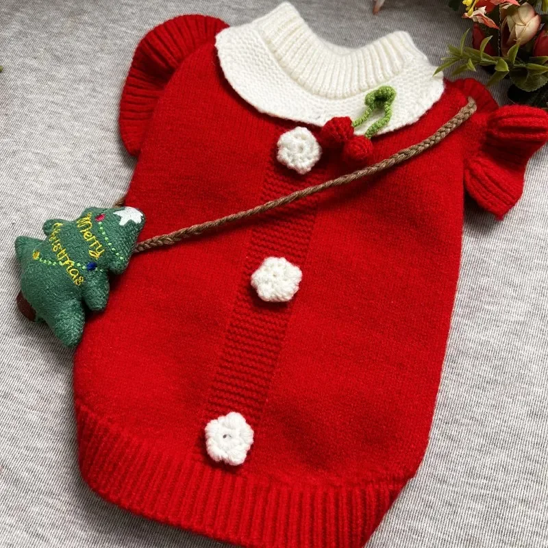 Pet Christmas Sweater Princess Style Skirt Cat Pet Apparel Knitted Dress Flying Sleeves Autumn/Winter Small Medium Dog Sweater