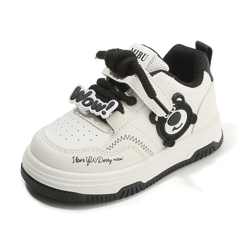 أطفال حذاء كاجوال أحذية رياضية بولي Leather جلد الكرتون الدب الصغير الربيع أحذية للفتيات سميكة القاع الفيلكرو الوردي حذاء أسود حجم 21-32