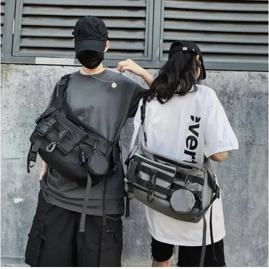 Bahu Gothic hitam selempang Messenger tas Tote untuk pria wanita pembelanja nilon Hip Hop Techwear tas pinggang Goth Postman US US 가