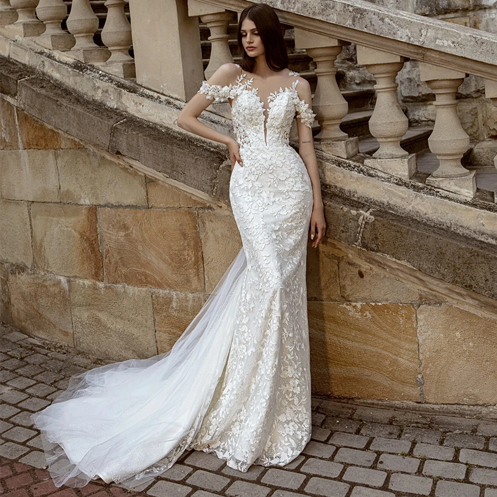 

Mermaid V Neck Wedding Dresses Sleeveless Customized Off Shoulder Court Train Bridal Gowns with Lace New Summer Backless 2025