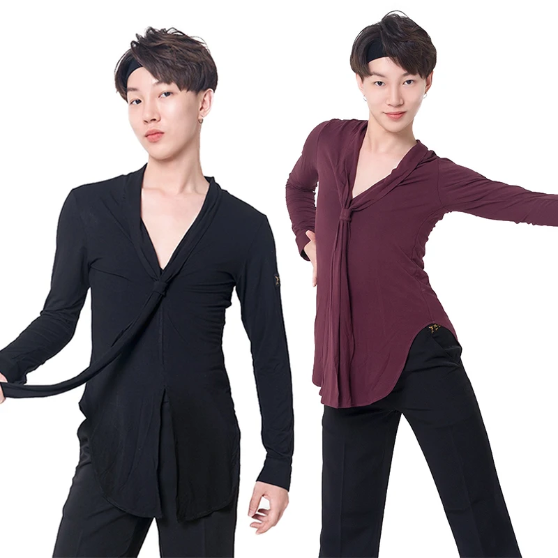 

Latin Dance Tops Standard Ballroom Dancewear Men Long Sleeve Training Top Black V- Neck Performance Outfit Practice Wear VDL3625