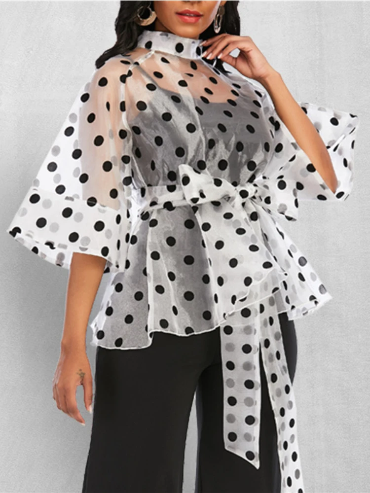 Sexy See Through Blouse and Tops Polka Dot Sashes Waist Slim Ruffles Blouses High Collar Zipper Organza Top 2020 Fashion Female