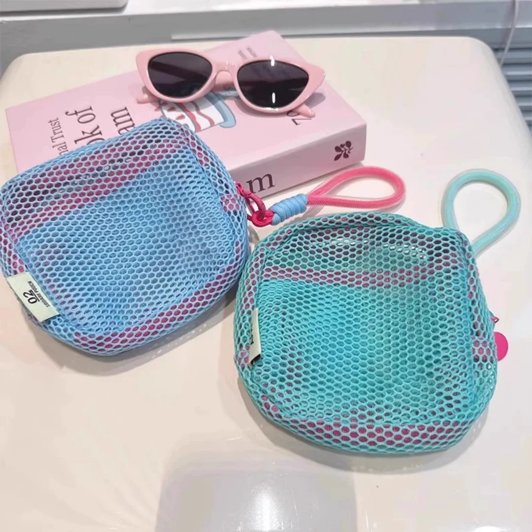 Color Block Mesh Cosmetic Bag Ultra Light Zipper Pouch for Keys Earphones Small Items Portable Storage Mini Wallet
