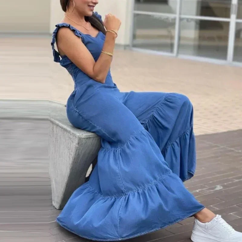 Women Solid Imitation Denim Jumpsuits Spring V Neck High Waist Straight Playsuits Summer Backless Wide Leg Pleated Pants Rompers