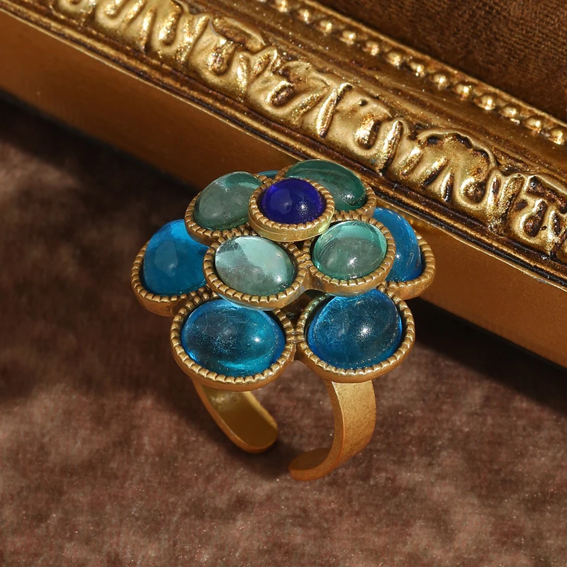 Vintage Crystal Rings Natural Stone Blue Camellia Flower Antique Gold Color Valentine Day Gift For Girlfriend New In 2025 Trendy
