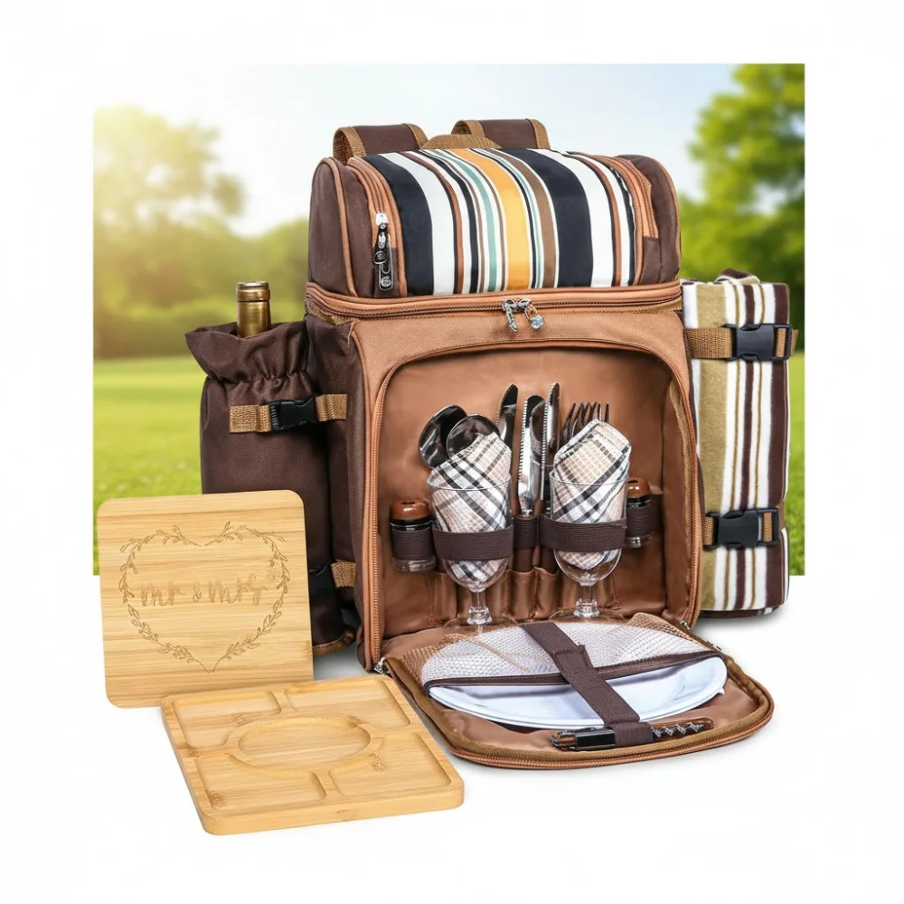 

Insulated Picnic Backpack for 2 with Blanket, Charcuterie Boards - Perfect Couples Gift for Wedding & Outdoor