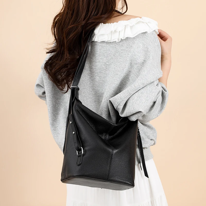 

100% Cowhide For Women’s Simple Fashion Bucket Bags Luxury Brand Genuine Leather Shoulder Handbag Female Leisure Small Crossbody