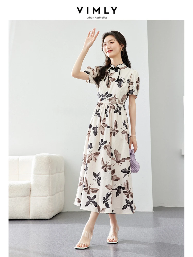 VIMLY Stand-Collar Chinese New Style Plate Buckle Dress Summer New High-End Butterfly Printing Short Sleeve Slim Dress M7187