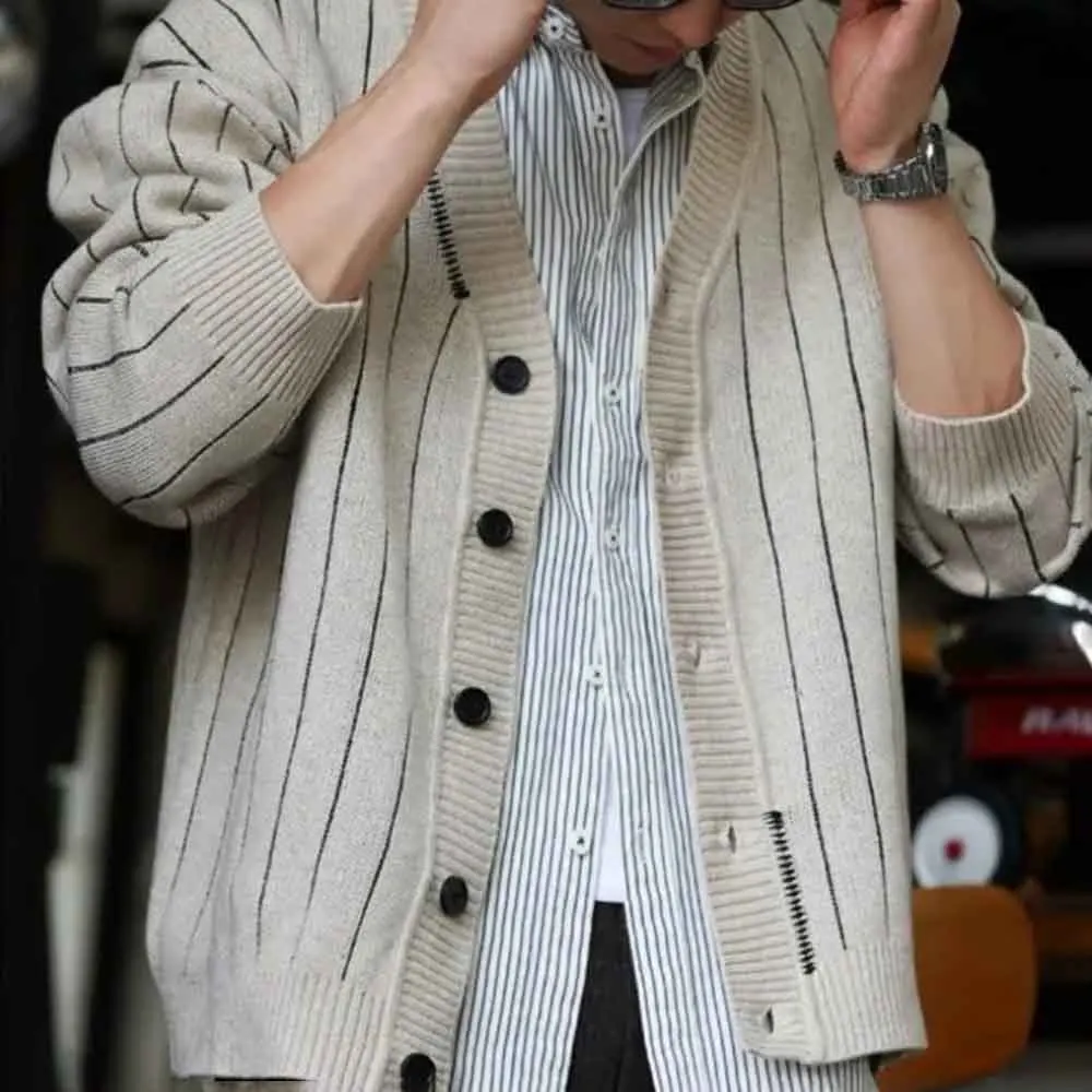 2025 Winter New Men's Striped Long-Sleeve Cardigan Sweater American Retro Fashion Trend High Street Casual Loose Men's Top