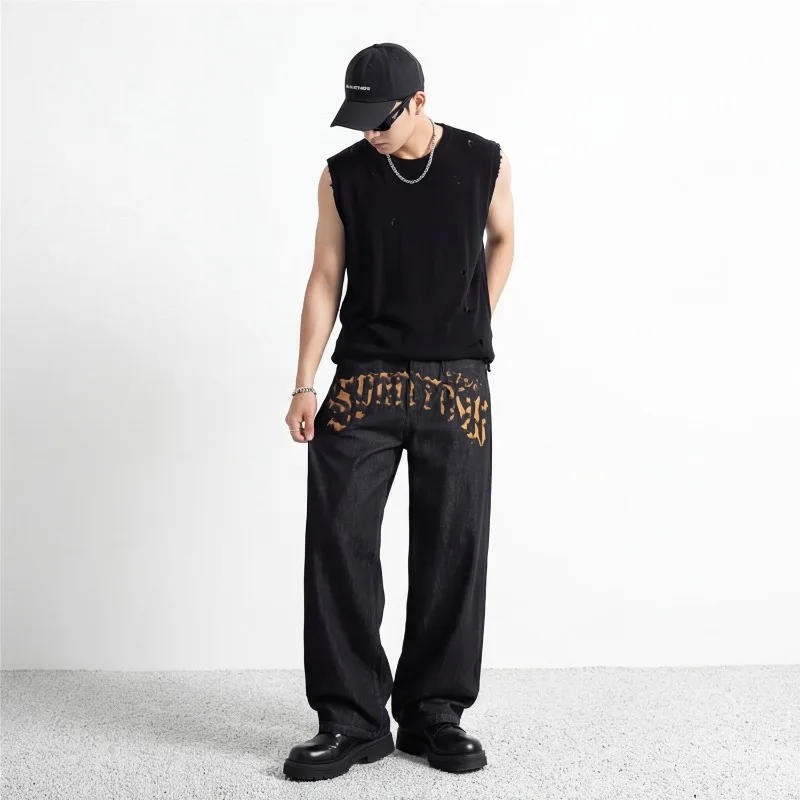 Gothic Men's Letter Embroidery Jeans Black Washed Wide Leg Baggy Fit Streetwear Casual Premium Denim Long Pants