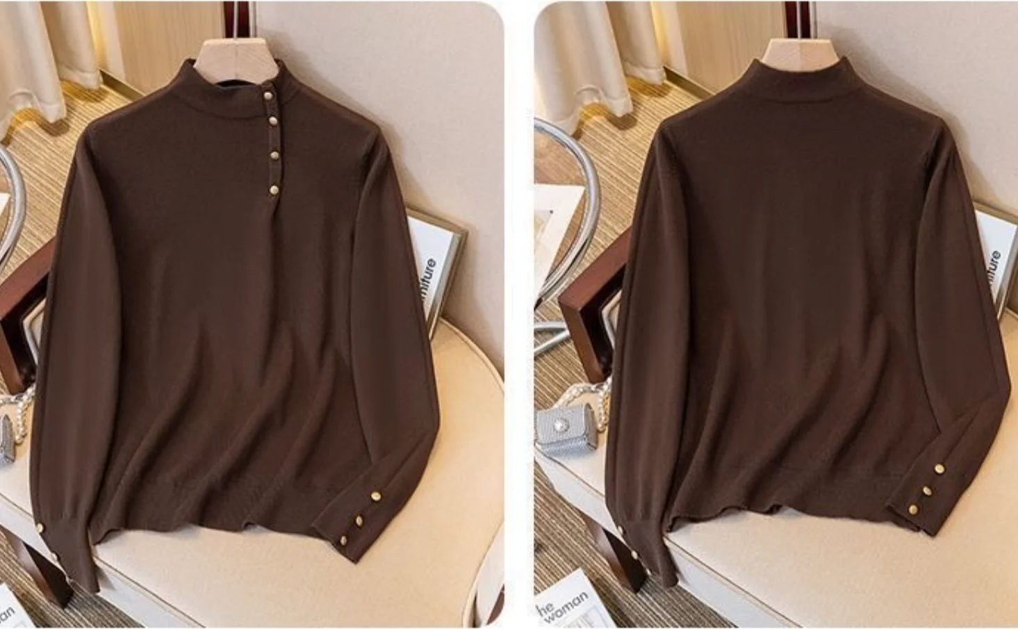 Women's Long-sleeve T-Shirt New Autumn Inner Lining Turtleneck Button Decoration Slim Versatile Pullover