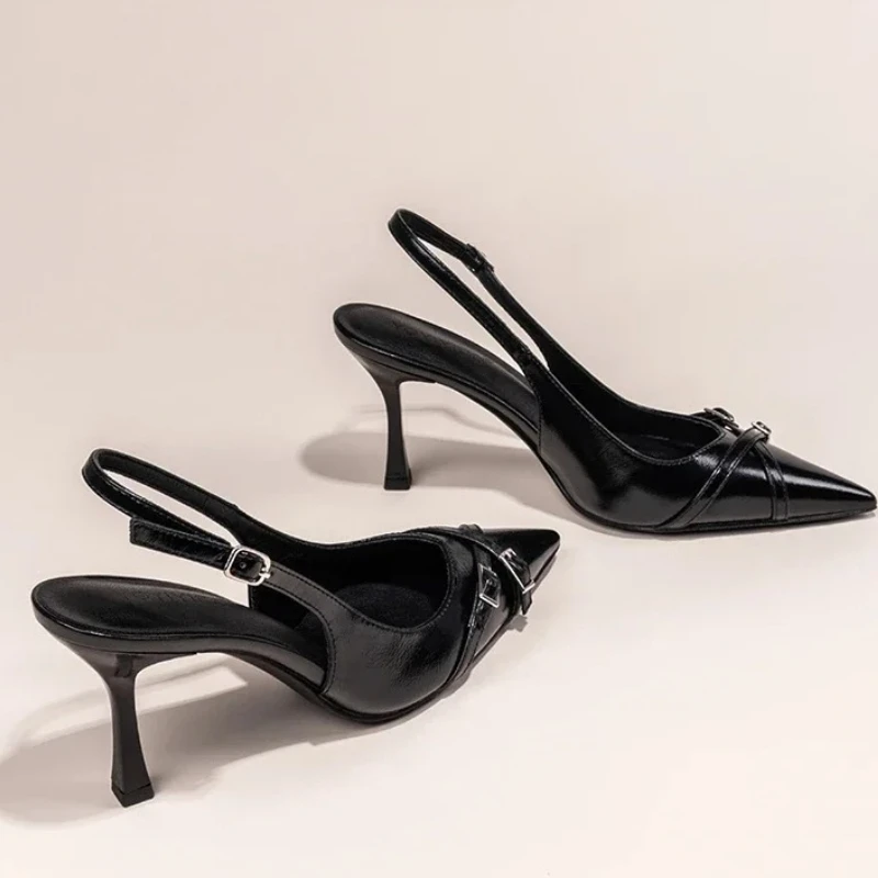 2026 New High-heeled Shoes Summer Fashionable Pointed Toe Shallow Mouth Elegant Buckle Decorated Stiletto Black Women's Sandals image 6