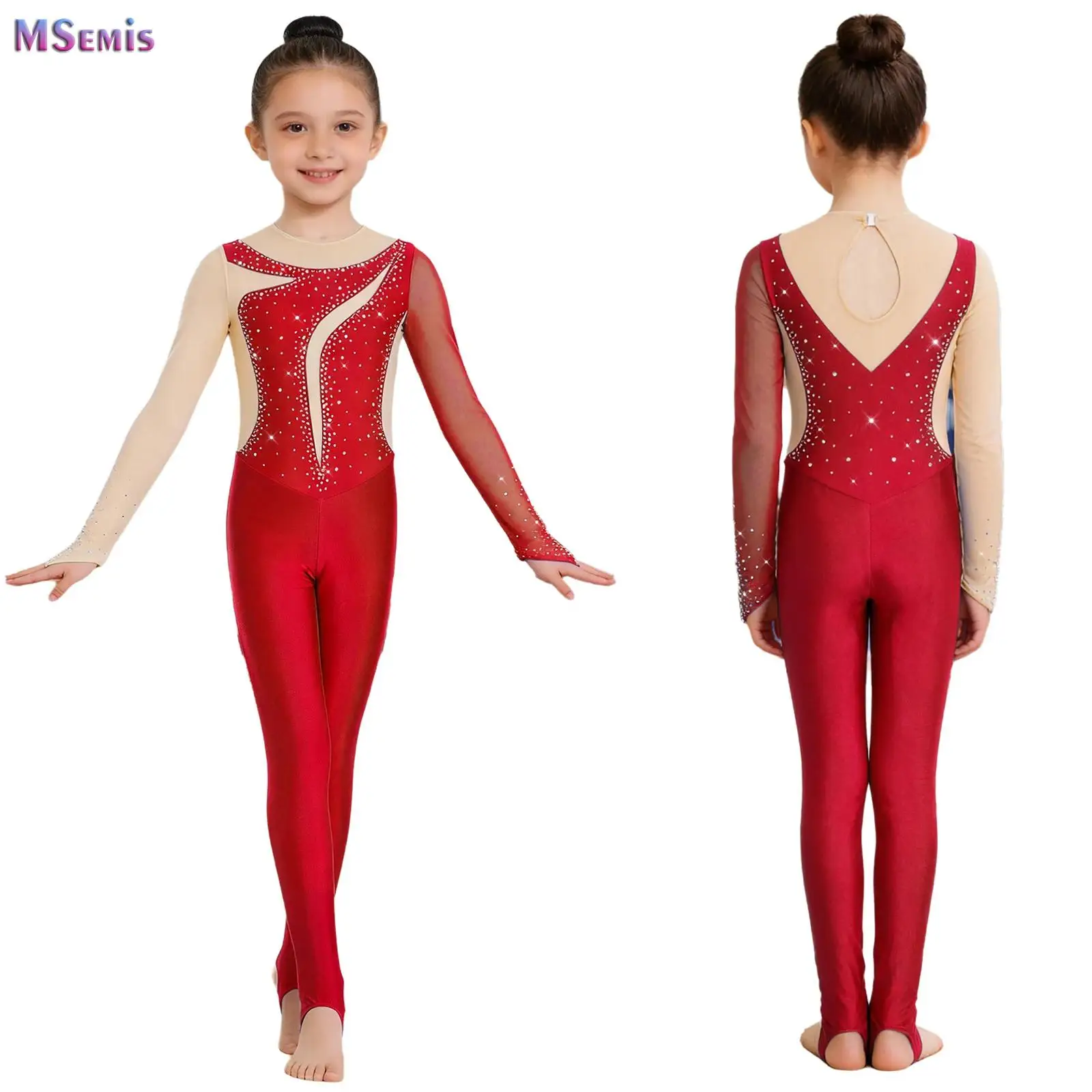 

Kids Rhinestones One Piece Long Sleeves Full Body Gymnastics Ballet Dance Leotard Jumpsuit Girls Stretchy Unitards Dancewear