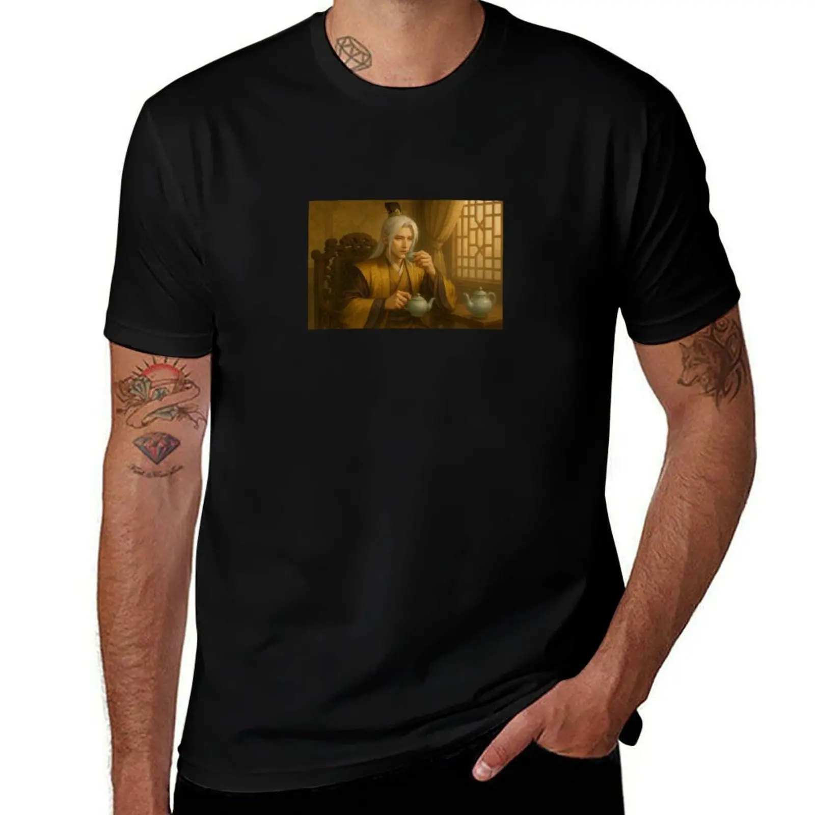 

Sylus Contemplating Tea in Ancient Elegance T-Shirt funny gifts summer shirt quick-drying tee shirts for men
