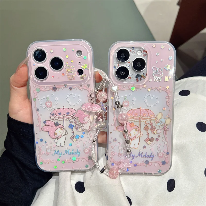 New My Melody Kawaii Glitter Phone Case With Wrist Strap For