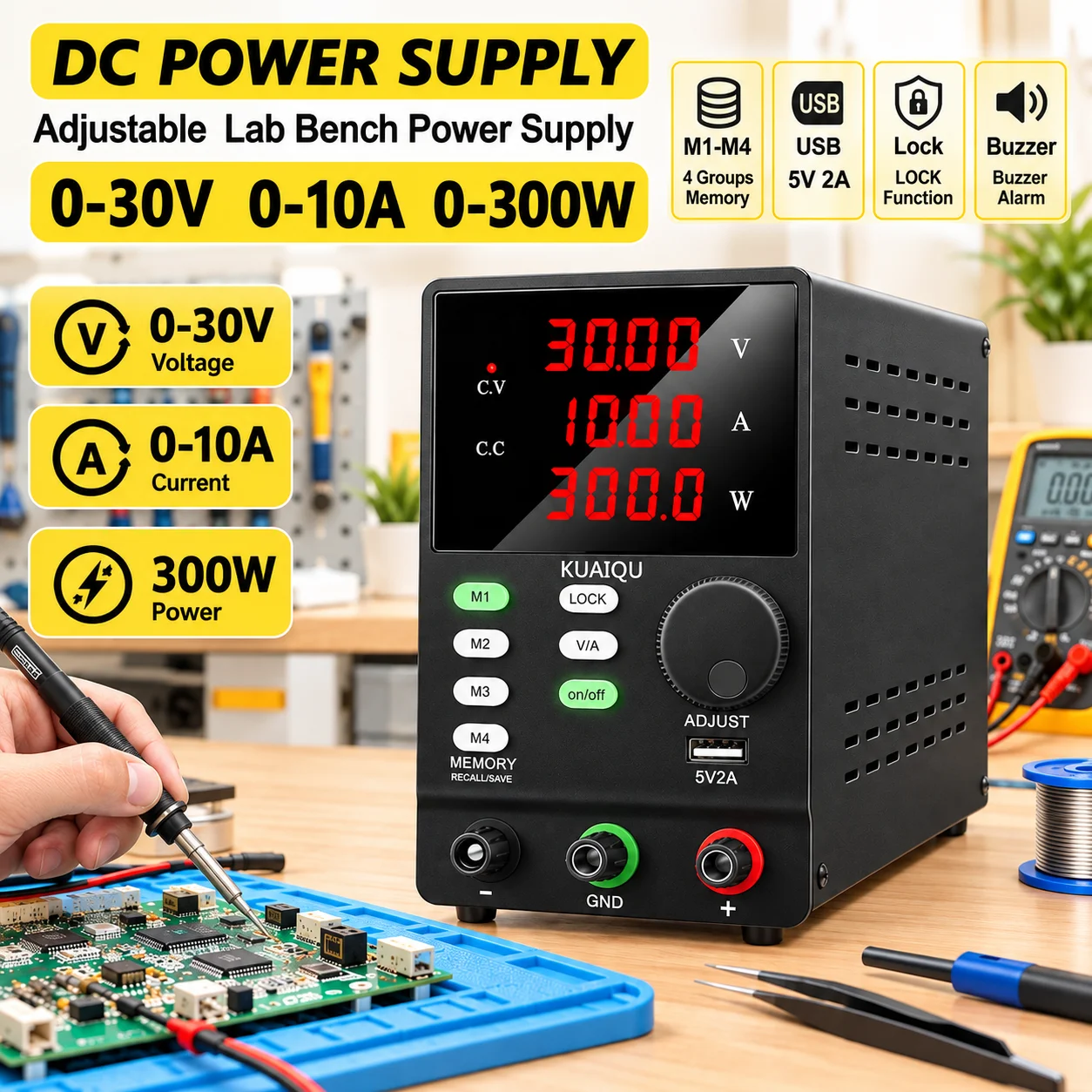 KUAIQU 30V 10A 300W Repair Test DC Power Supply 5V/12V/24V/48V Adjustable Voltage Regulator Memory/OUTPUT Switching Source Tools