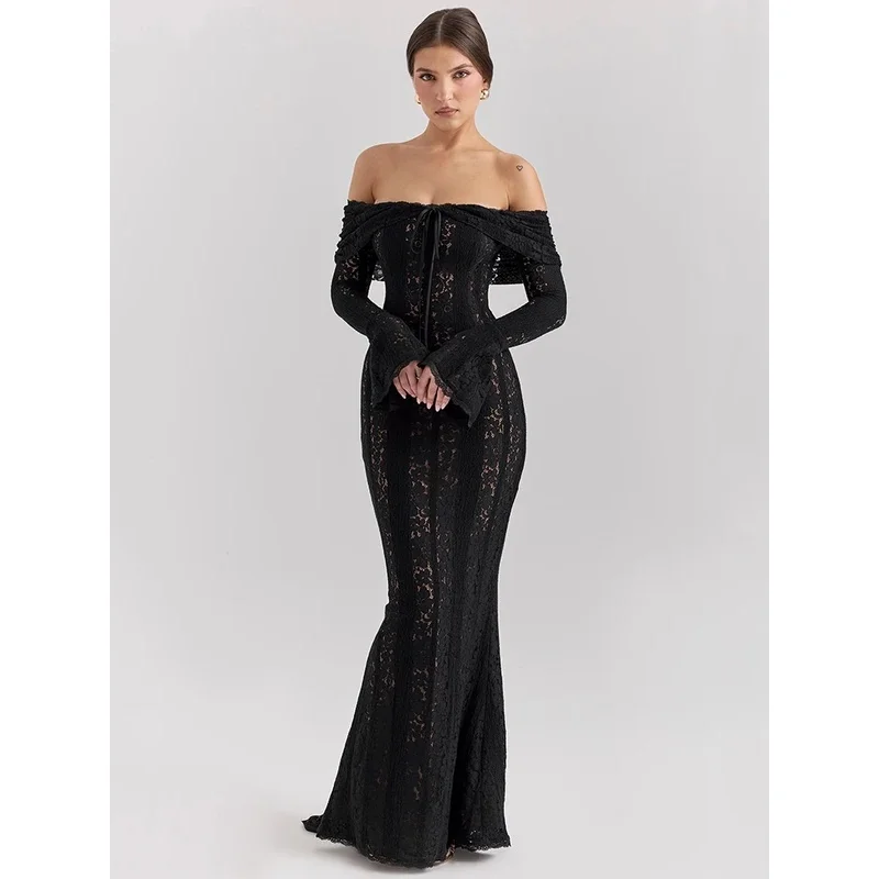 Lace Off-shoulder Sexy Maxi Dress Women Strapless Backless Long Sleeve Bodycon Evening Club Party Long Dress Elegant