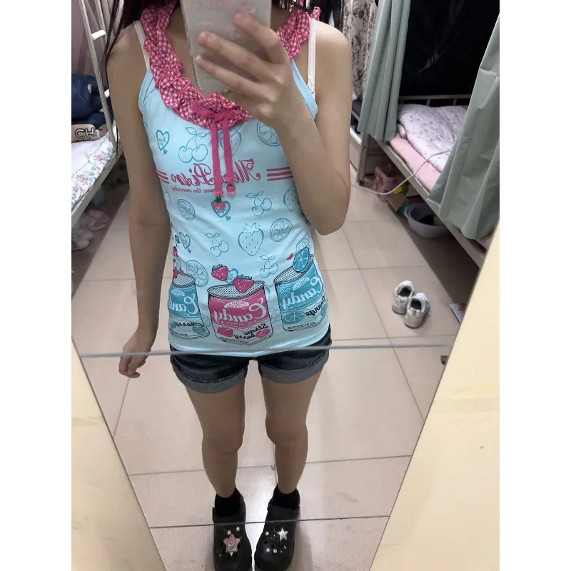 

Dopamine Kawaii Bow Stitching Halter Vest Japanese Cute Subculture Graphic Print Tank Top Women's Harajuku Slim Popular Camisole