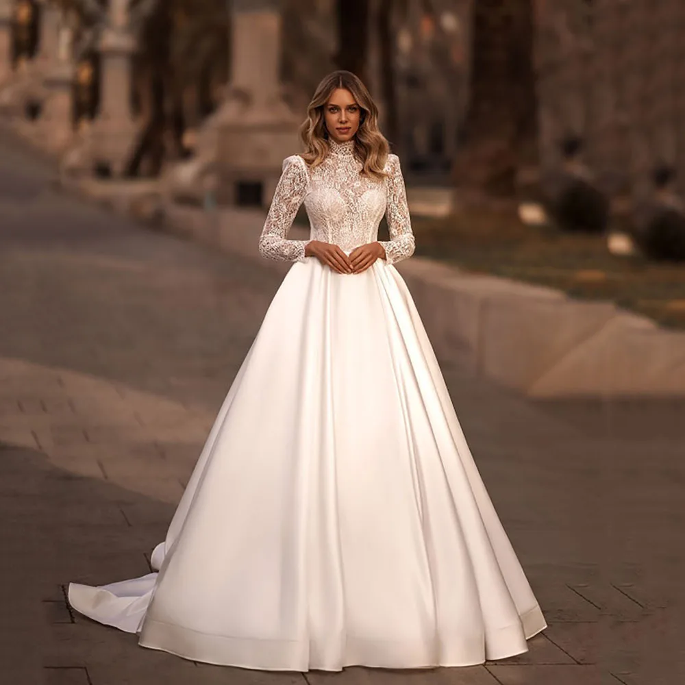 

Msikoods Lace Long Sleeve Wedding Dresses 2025 High Neck Elegant Bridal Gown Satin Women Vintage Modest Brides Dress Customized