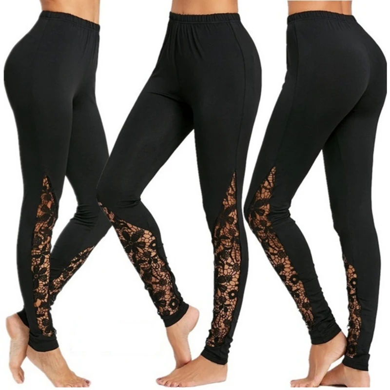 Sexy Mesh Leggings Summer New Women's Clothing Hollow Out Lace Black Sports Yoga Pants Fashion High Waist Elasticity Splicing