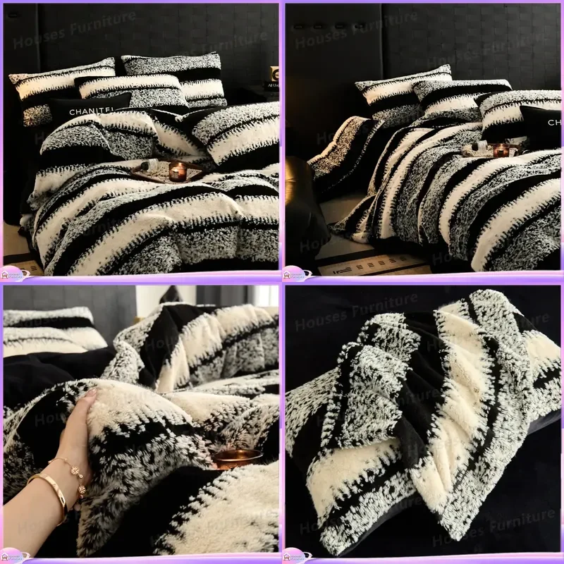Light luxury winter thickened warm milk fleece bed four-piece set new flange coral fleece bed sheet quilt set three-piece set
