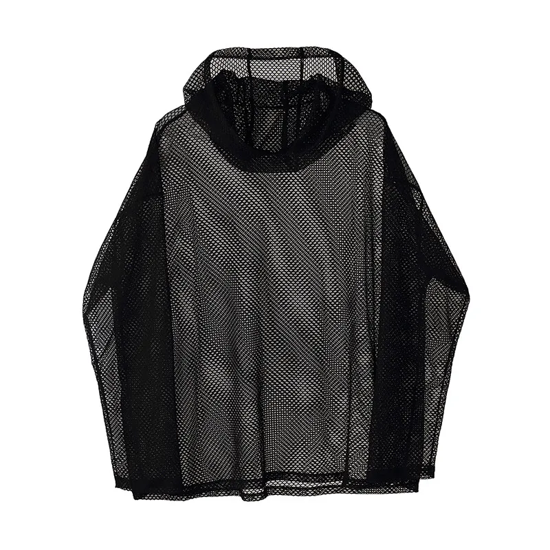 2024 Summer Dark Hollowed Out Mesh Hoodies T-shirt For Men Women Long Sleeves Loose Hooded Mesh Transparent Shirts