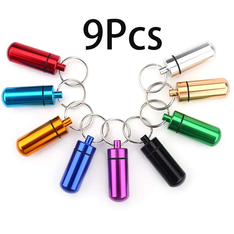 9Pcs Mini Aluminum Pill Box Case Bottle Medicine Tablet Capsules Holder with Keychain for Outdoor Sports Camping Hiking