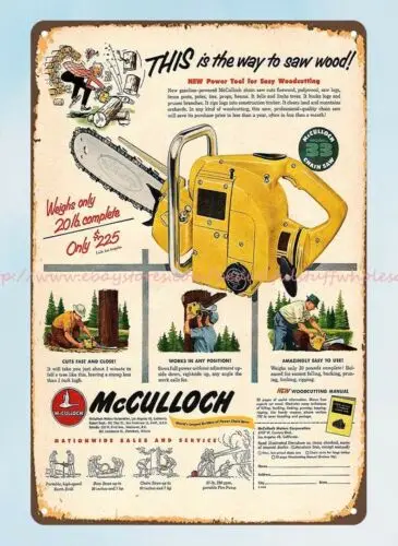 McCULLOCH from 1953 chain saw picture Los Angeles California metal tin sign