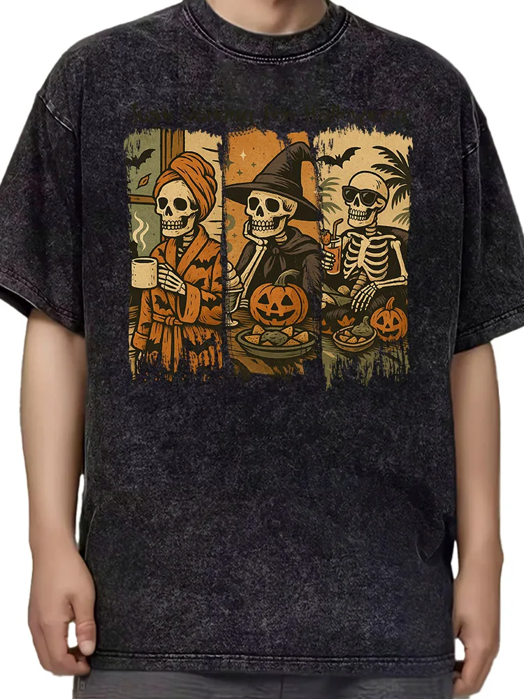 Camiseta extragrande de algodón para hombre Just Waiting for Halloween, camiseta gráfica lavada, camiseta streetwear vintage para verano