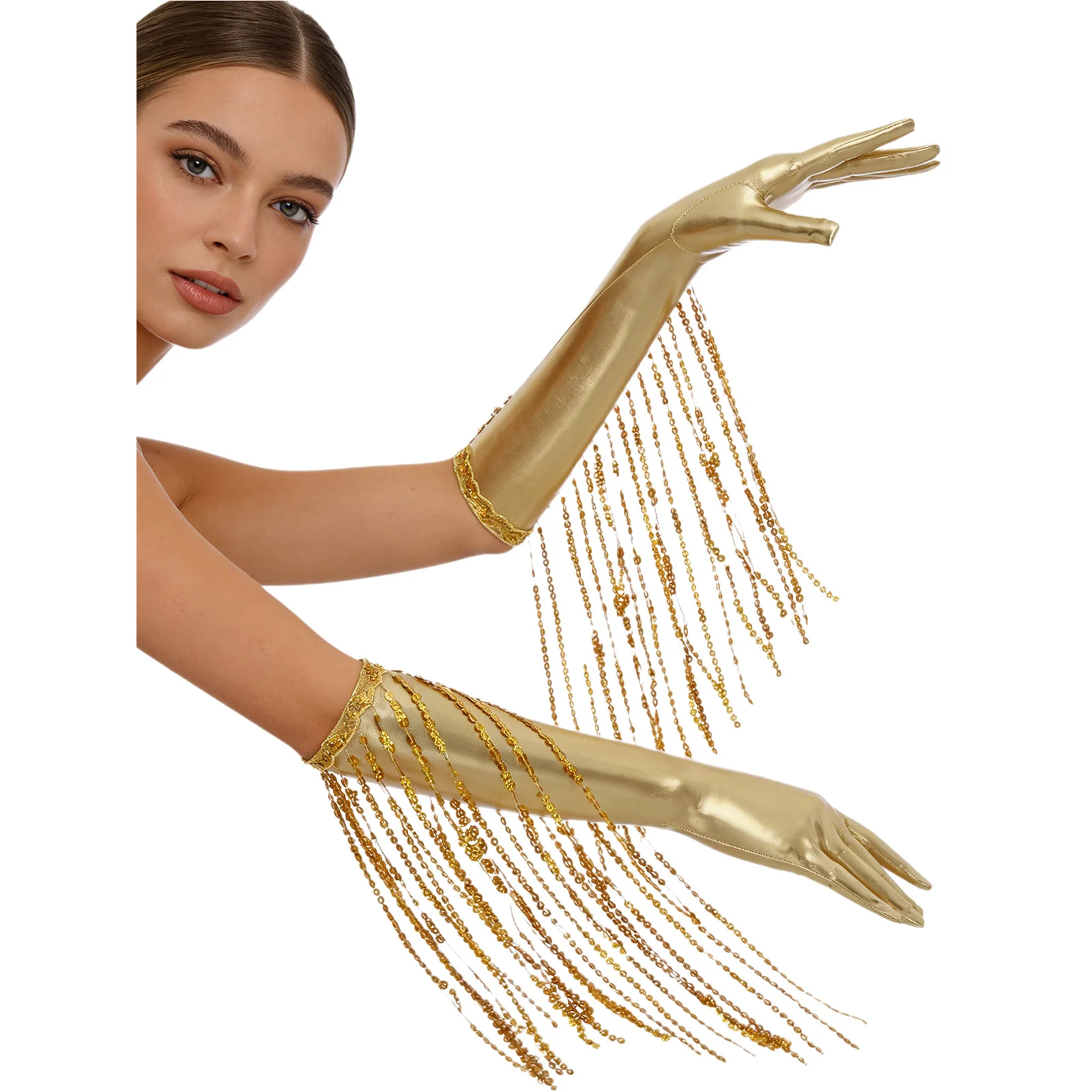 Shiny Sequin Fringe Gloves Metallic 1920s Opera Tassels Long Gloves Mittens Prom Stage Performance Accessories for Women Adult