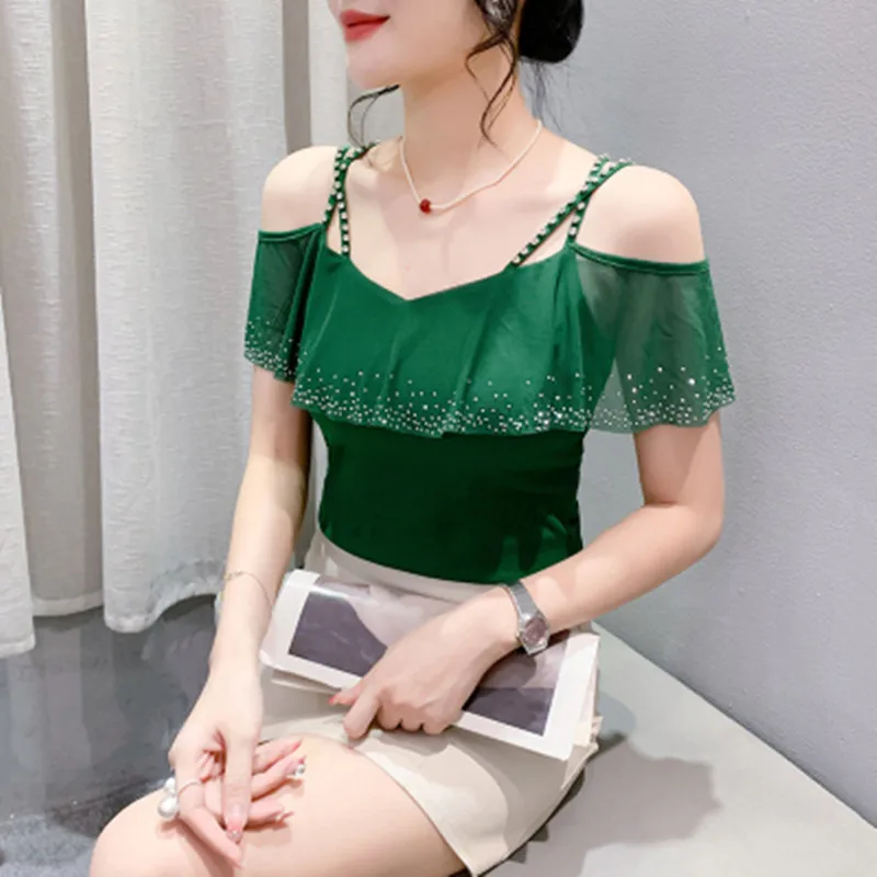 Fashion Mesh Hot Diamond Spliced V-neck Top For Women's Temperament Sexy Off Shoulder Sling Diamond Ruffled T-shirt