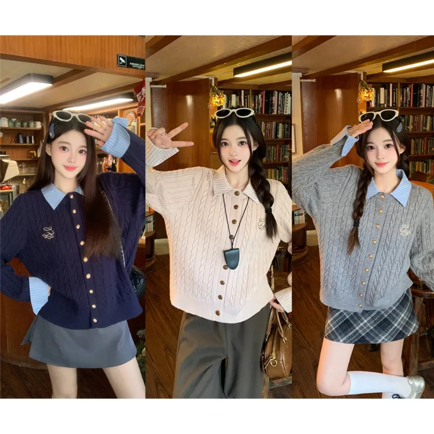 

plus Size Faion College Sle Knitted Thiened Long Sve Turn-down Collar Women's Open Cardigan Button Design Sweater