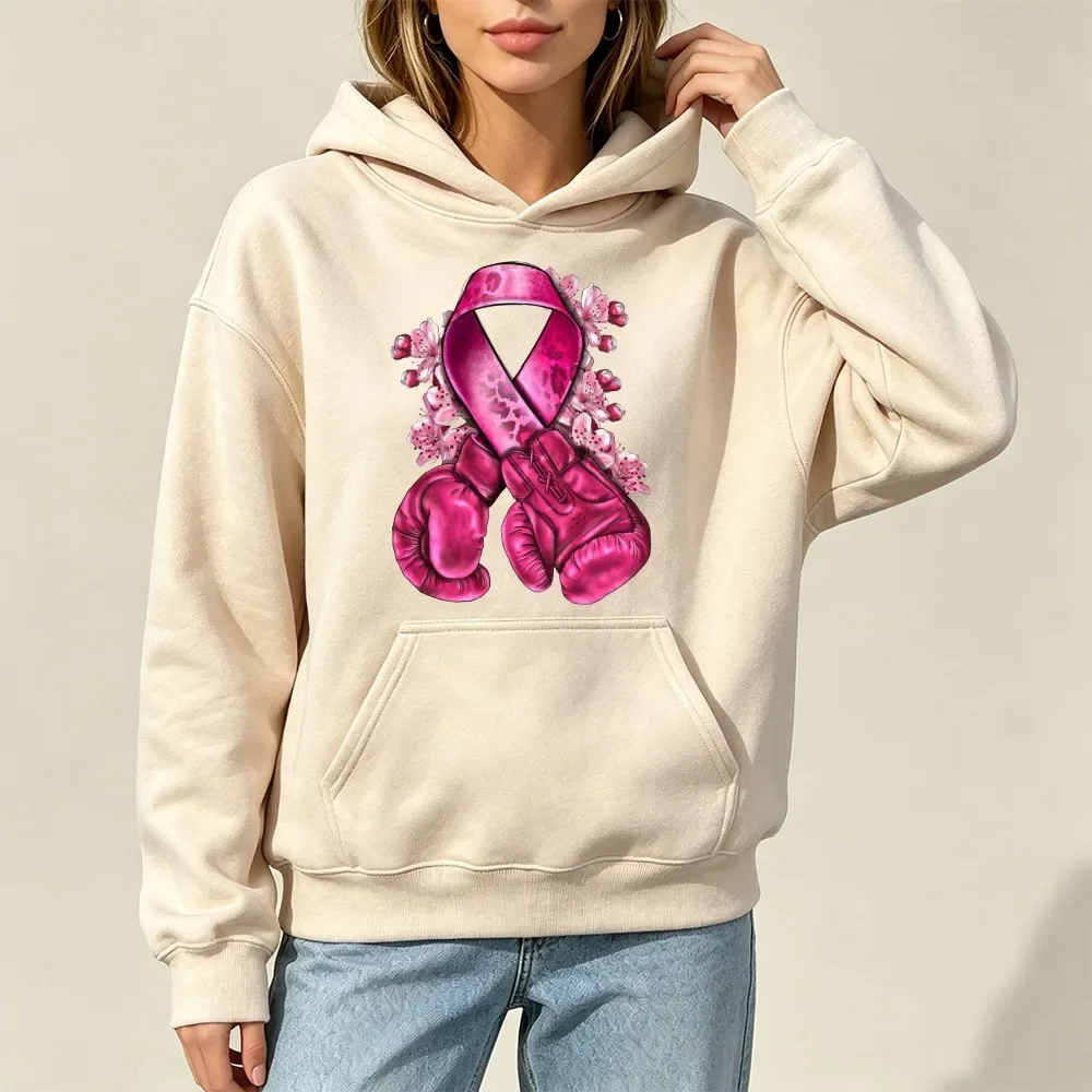 Pink Ribbon Boxing Gloves Breast Cancer Awareness Graphic Hoodie Women Fall Autumn Support Fighter Warrior Long Sleeve Pullover