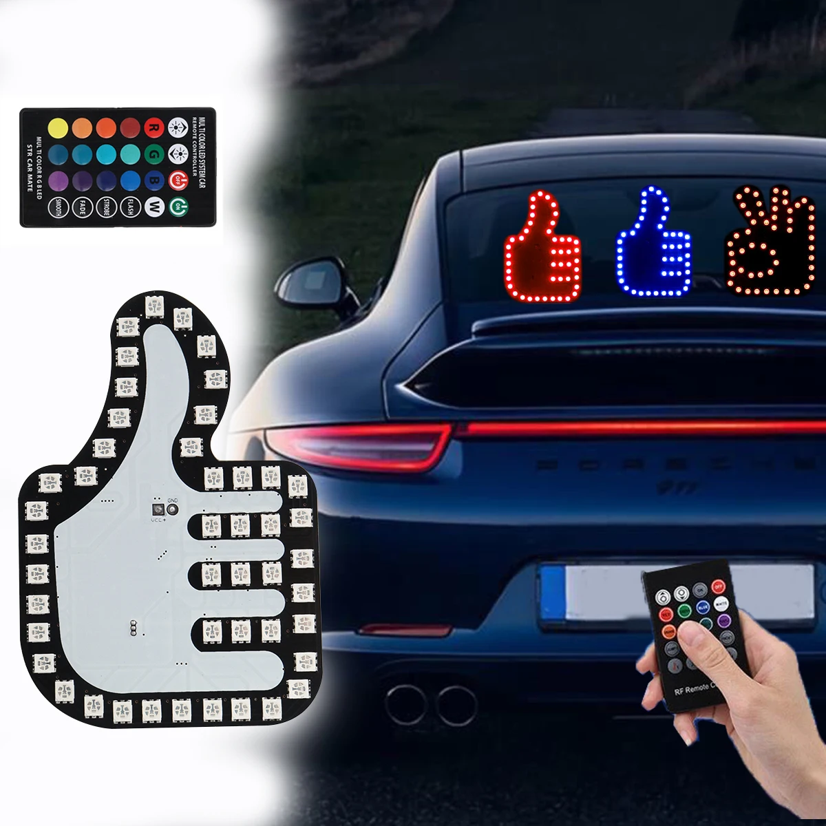 

1set Funny Car Finger Light with Remote Road OK V Signs Middle Hand Lamp Sticker Sign Funny Rear Window Sign Car Accessories