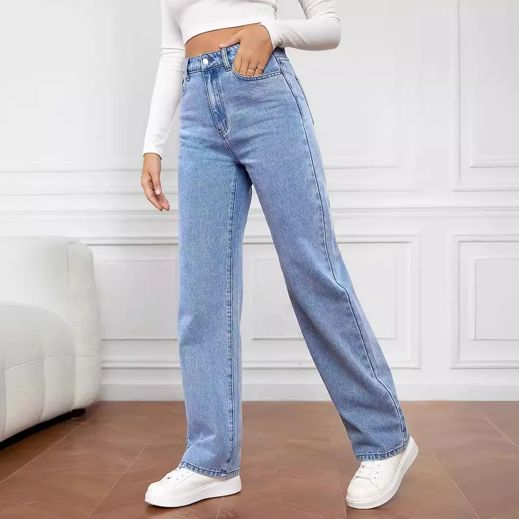 Proste jeansy damskie z wysokim stanem 2025 Nowe kieszenie na nogawce Podstawowe spodnie do kostek Y2k Denimowe spodnie Vintage Blue Washed Jeans
