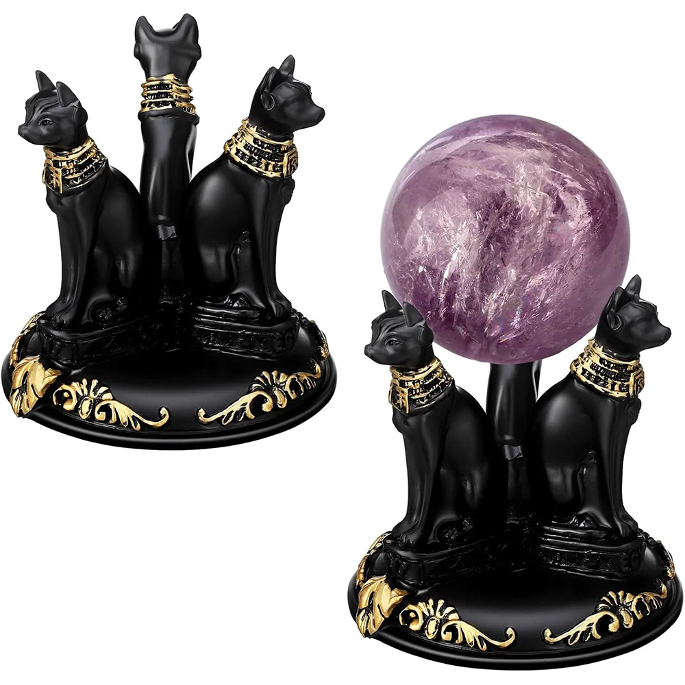 

Bastet Cats Crystal Ball Stand Sphere Display Stand Lucky FengShui Glass Orb Holder Base Statue Decoration for 4-8cm Ball