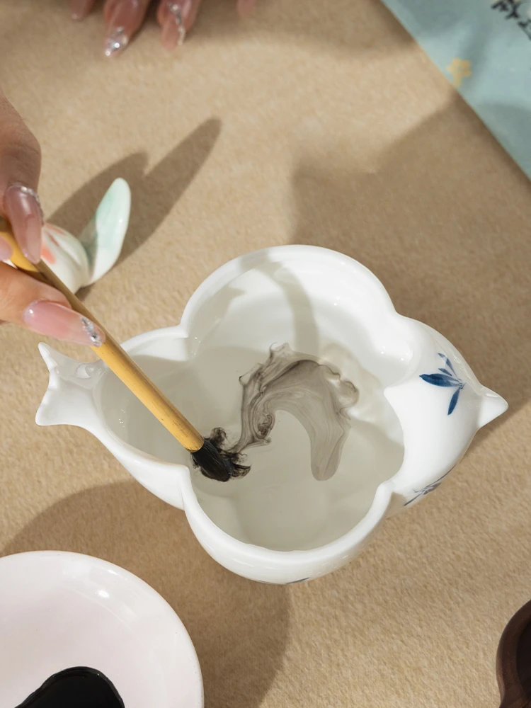 Ceramic Pen Wash Under Glaze, Hand Painted Butterfly Orchid, Swallow Shape, Wash Water Basin, Modern and Simple Household Decora