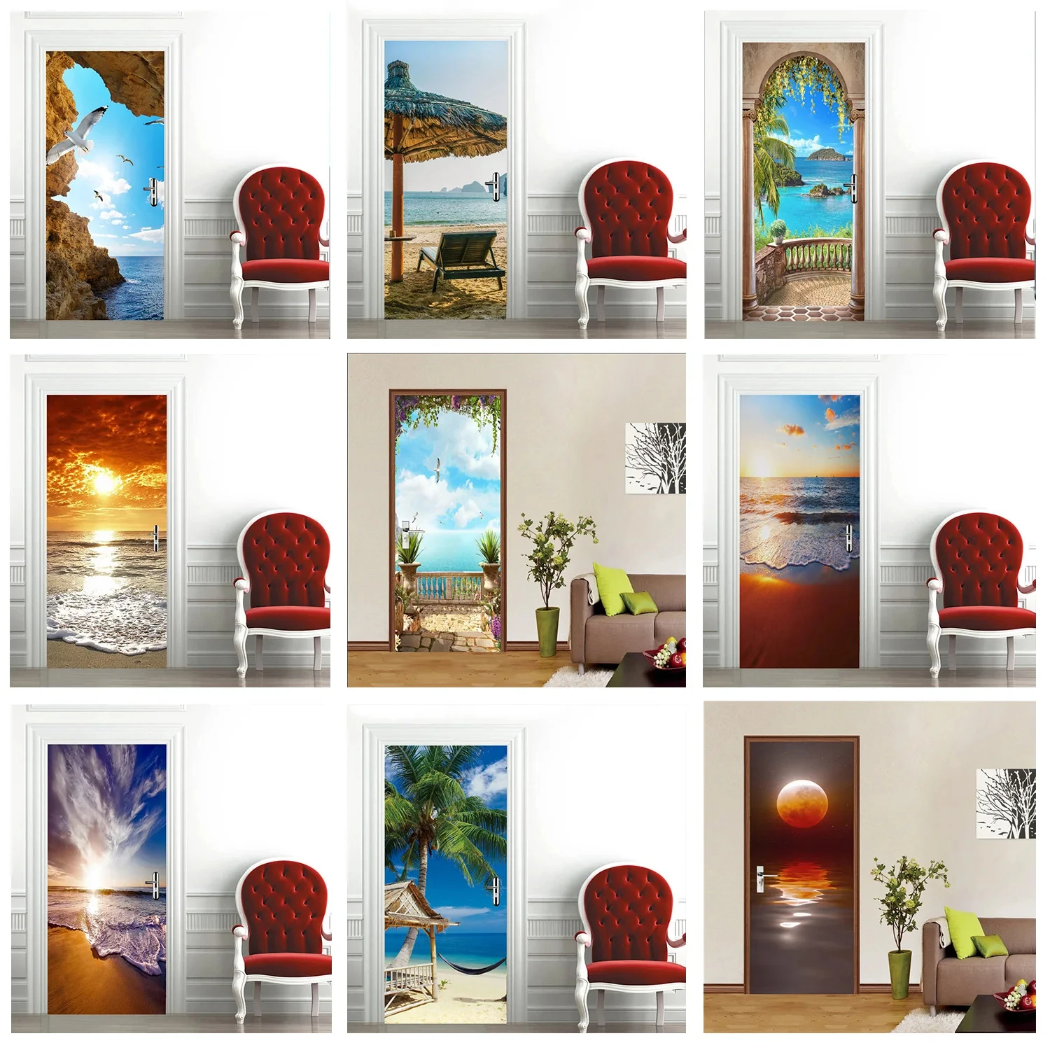 

Seaside Beach Landscape Door Sticker Decoration Wallpaper Sea Beach Natural Scenery Home Wall Art Poster for Bedroom Living Room