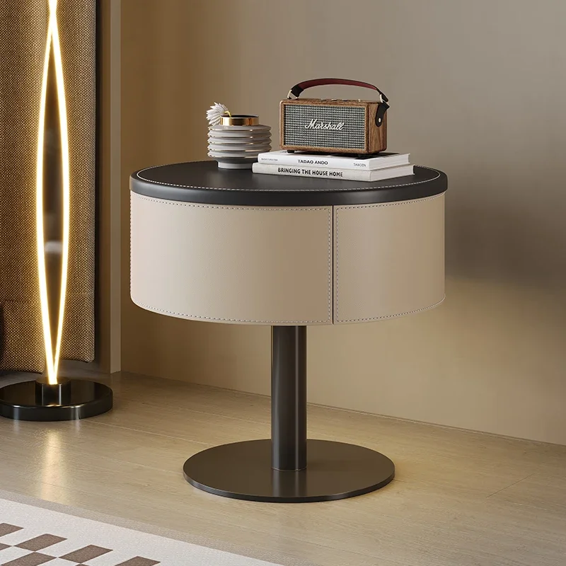 שולחן מיטה מעץ מלא עם מגירה, ארון אחסון עגול בצד, ריהוט סלון ביתי, חדר שינה התאמה אישית