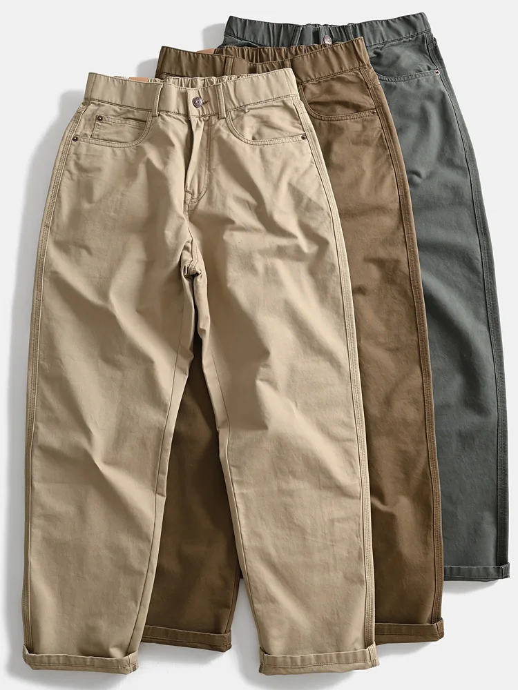 

Мужские рабочие брюки из плотного чистого хлопка в винтажном американском стиле, свободного прямого кроя, осенние, для активного отдыха, с эластичным поясом, длинные