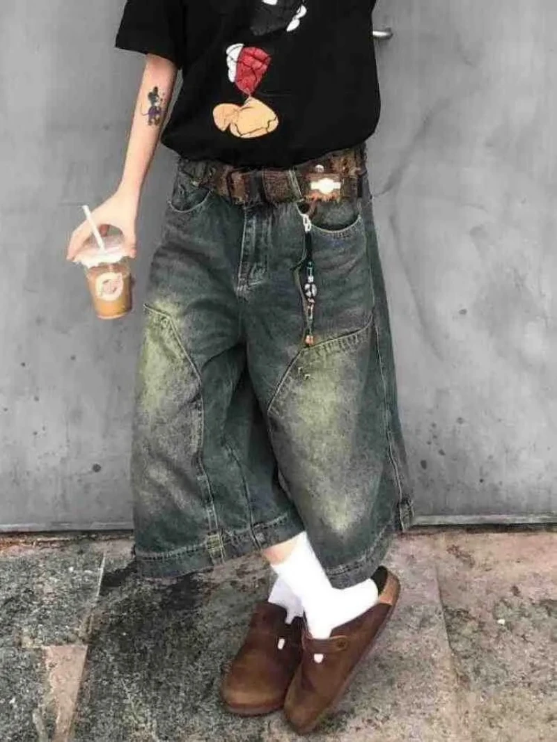 

Harajuku Street Style Mid-length Pants Mid-waisted Loose Jeans Women's American Retro Casual Wide-leg Blue Denim Shorts