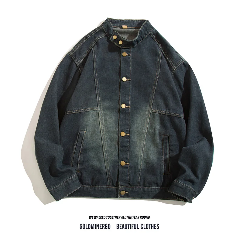 

Retro Waed Stand Collar Denim Jaet Men's Spring Autumn Casual adient Loose Workwear Coat Youth Trendy Single Button Clo...