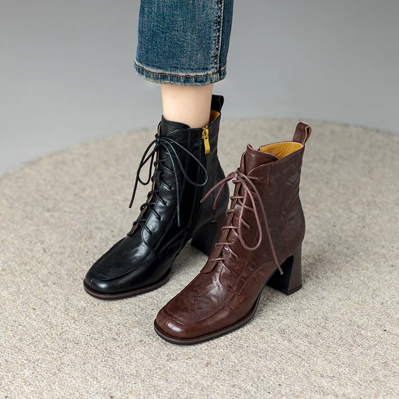 

Fashion Winter Shoes Short Boots for Woman Cow Leather Ladies Ankle Boots Retro Shoes High Heels Autumn Winter Botas Side Zipper