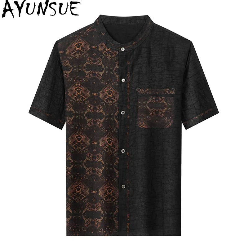 AYUNSUE New 100% Genuine Mulberry Silk Man Shirts Luxury Short-sleeved Tops Summer Casual Loose Mens Shirts Stand Collar chemise