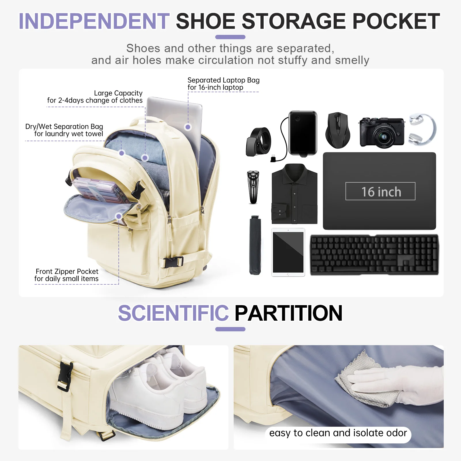 حقيبة أمتعة يدوية، سعة كبيرة تحت المقعد حقيبة السفر مقاس 45 × 33 × 20 سم حقيبة ظهر للكمبيوتر المحمول، حقيبة حمل، حقيبة مدرسية جامعية