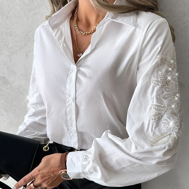 

Elegant Blouse Women Solid Chiffon 2024 Summer New Floral Sequin Embroidery Buttoned Long Sleeve V Neck Loose Shirt Office Lady