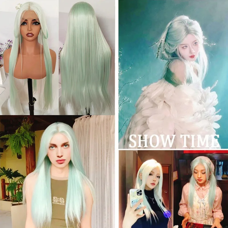 26インチ ナチュラルブラックカラー ロングルーズウェーブ 13x4 レースフロントウィッグ 合成ミントグリーン グルーレスフロントレース交換用ウィッグ